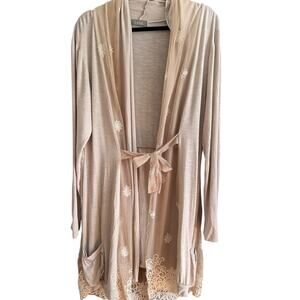 SAGA | Beige Slub Jersey Long Line Tie Front Cardigan with Lace Overlay | Size 3